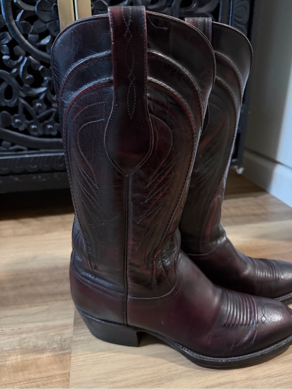 Vintage Lucchese Gavin Black Cherry Goatskin Western Cowboy Boots 9D handmade - Picture 9 of 16